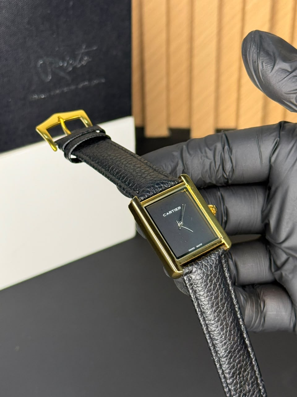 Cartier Tank Plain Dial Watch - Leather Straps Black-Golden Black Dial